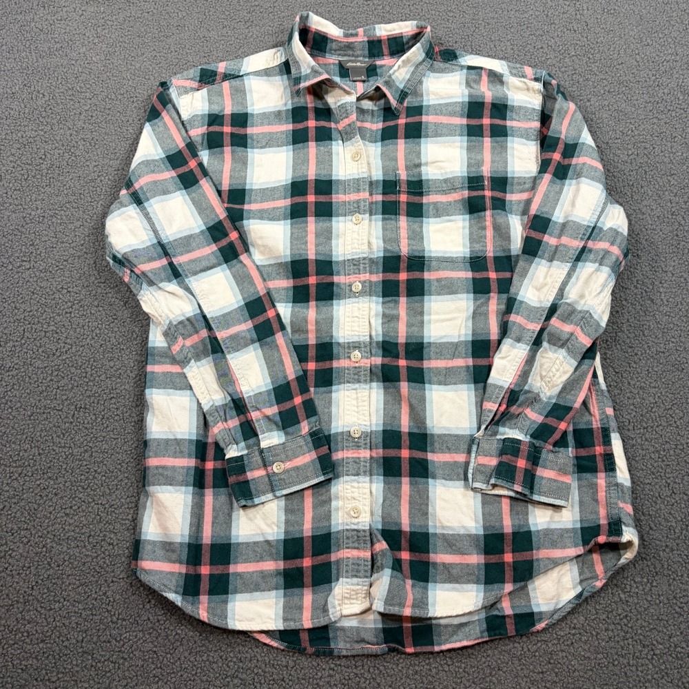 Eddie Bauer Button Down Women S Pink Green Plaid D3058307 Flannel Shirt Sleeve